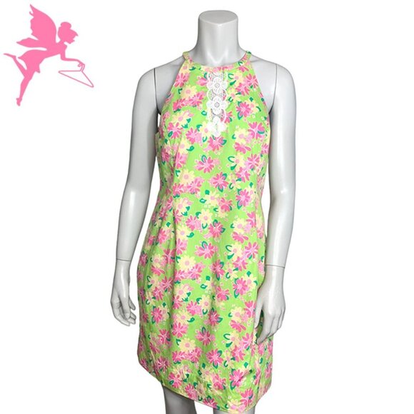 LILLY PULITZER VINTAGE 90's Rhino + Floral Print Halter Dress With Crochet Trim